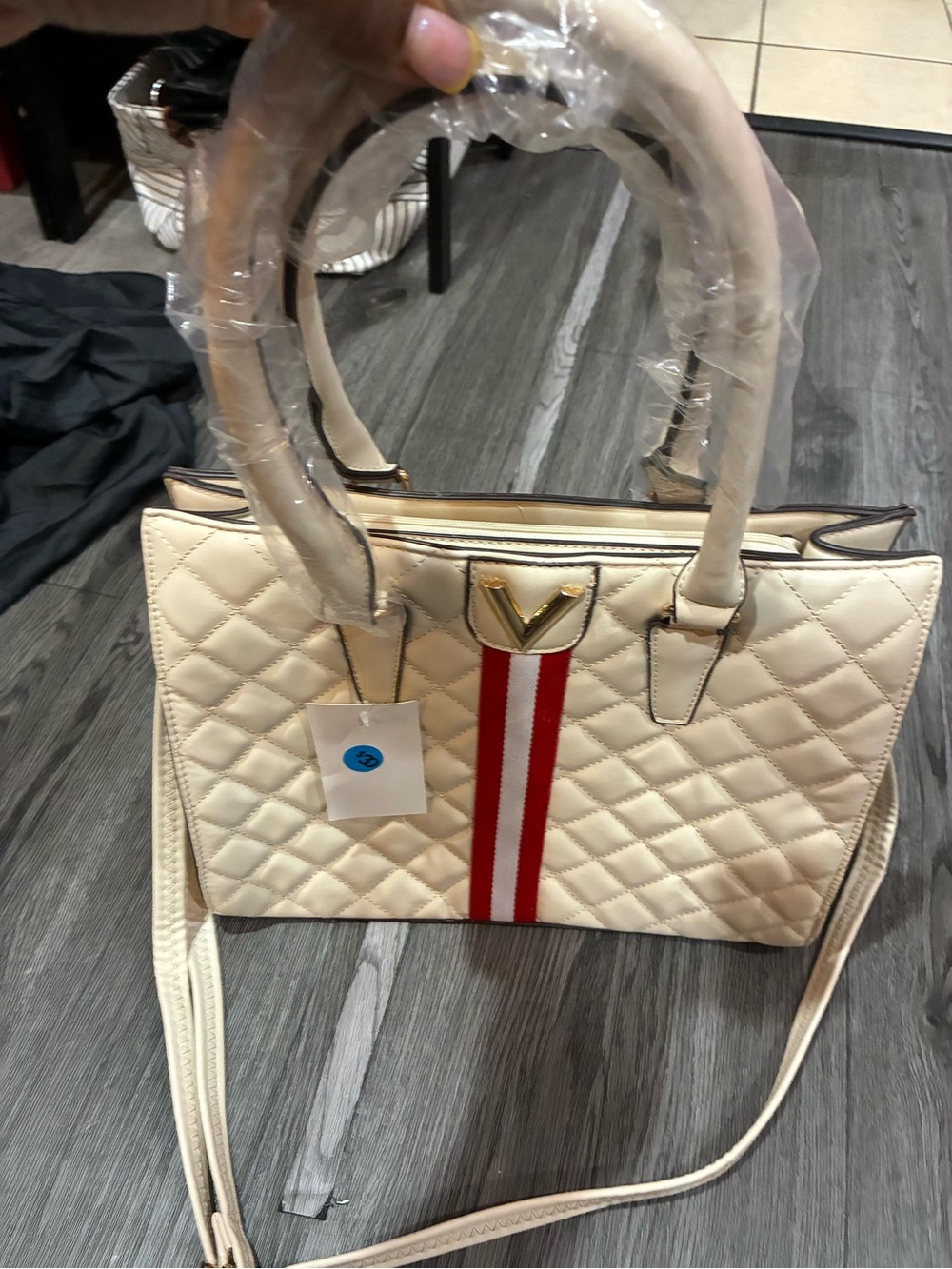 Cream Quilted Tote with Red Stripe